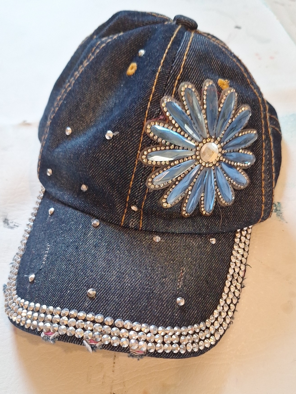 Ladies' Denim Baseball Cap with Blue Flower and Rhinestones